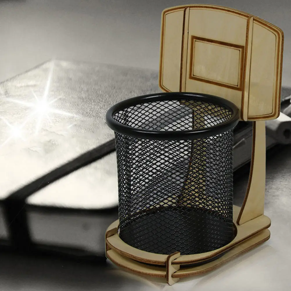 Basketball Stand Pencil Holder Metal Wood Comfortable Hand Feel Smooth Surface DIY Office Desktop Stationery Organizer Pen