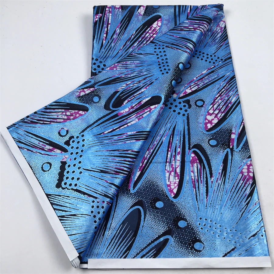 High Shimmer Gold Dutch Wax Fabric Blue Flower Pattern Super Hollandais Ankara Cloth African Textile For Women Garment DIY Craft view 2