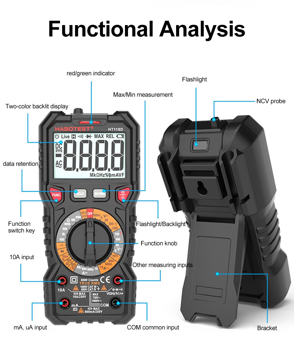 HT118 Digitalmultimeter Ture RMS 1000 V AC/DC 6000 Zählungen Voltmeter Auto/Manueller Bereich NCV Hz Diode Ohm Tester mit Hintergrundbeleuchtung – Detail 5