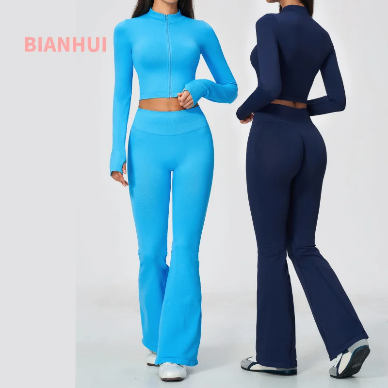 2Pcs Ladies Seamless Fitness Suit Zip Stand Collar Long Sleeve Jacket Butt Lifting Flared Leggings Yoga Running Sportswear