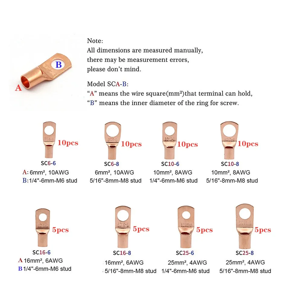 60pcs/box Electrical Wire Ring Connectors Assorted Car Copper Tube Lug Battery Starter Cable Welding Crimp Terminals Kit