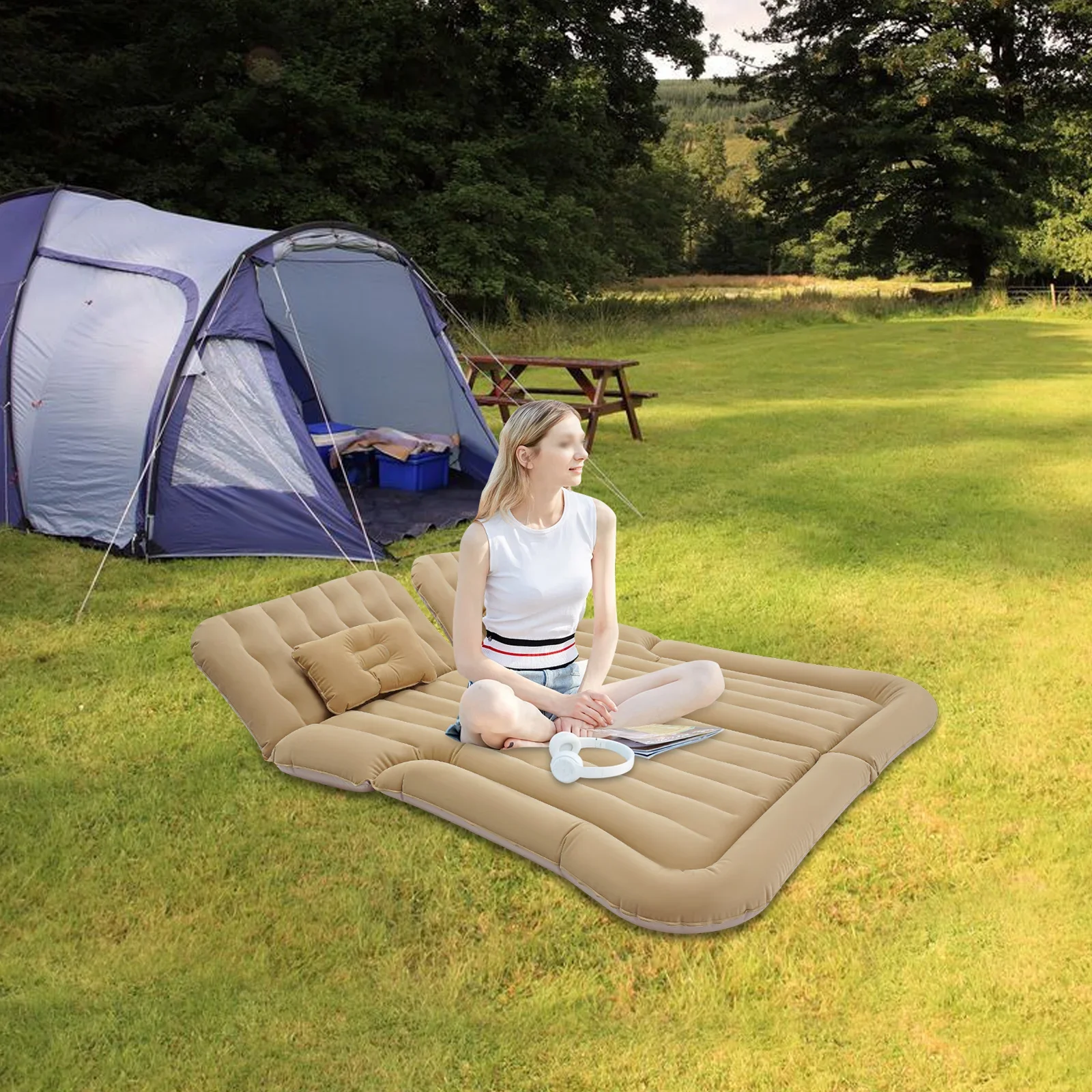 Aufblasbare Luftmatratze, Geländewagen, 661 Pfund belastbar, 6 Luftanschlüsse, elektrische Pumpe, beige, beflockte PVC-Matratze für Straßenausflüge, Camping