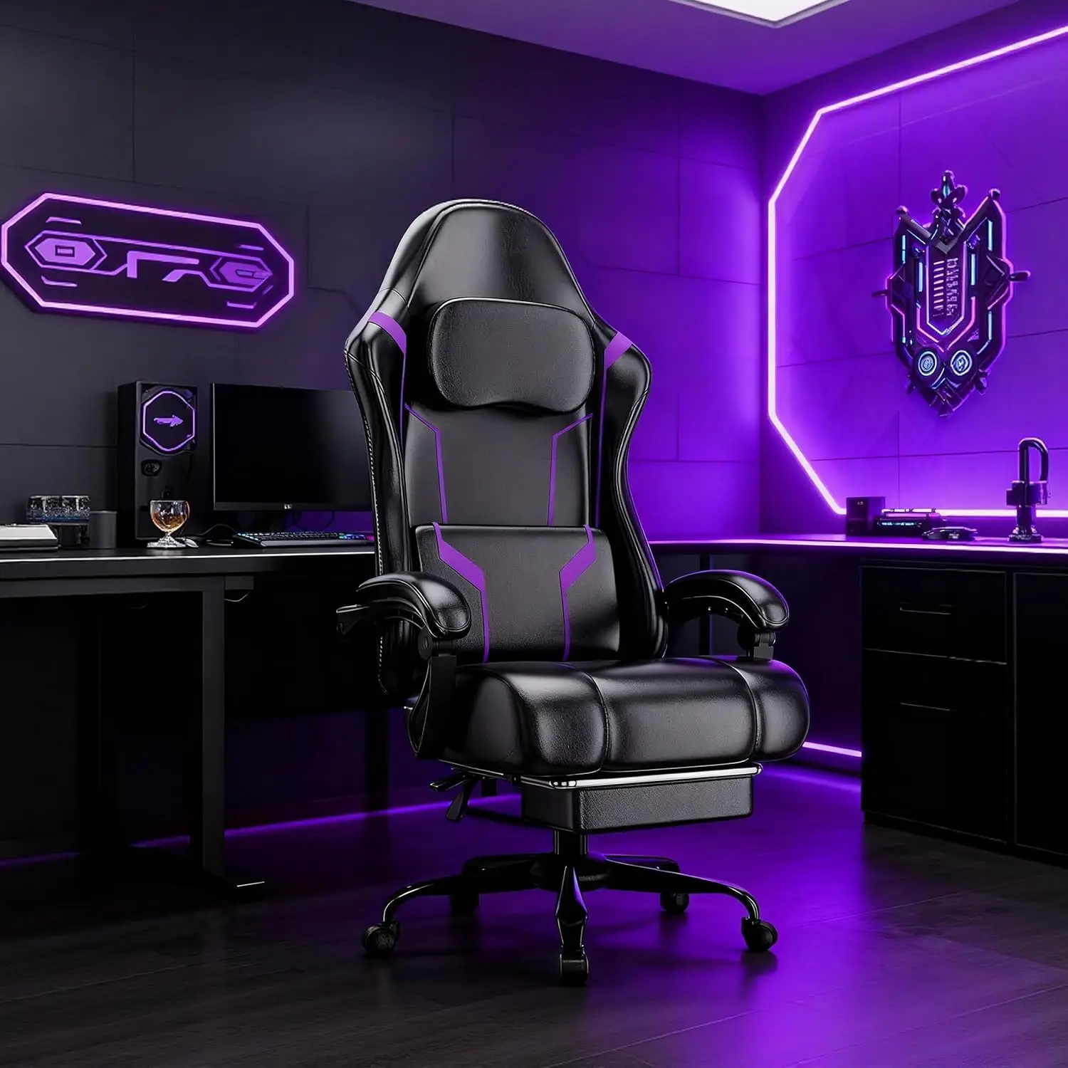 Ergonomic Gaming Chair with Pocket Spring Cushion and Footrest, Height Adjustable Swivel Computer Chair for Home Office, Purple view 2