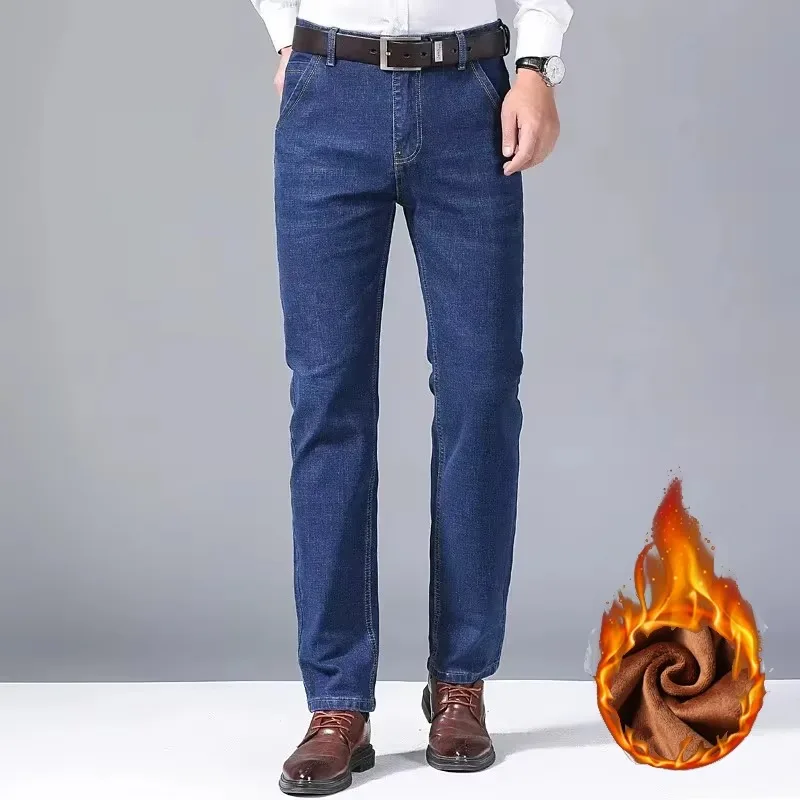 2024ฤดูหนาวใหม่สบายๆขนแกะกางเกงยีนส์สไตล์คลาสสิกธุรกิจThickenขนสัตว์ปกติFit DenimกางเกงPlushกางเกง