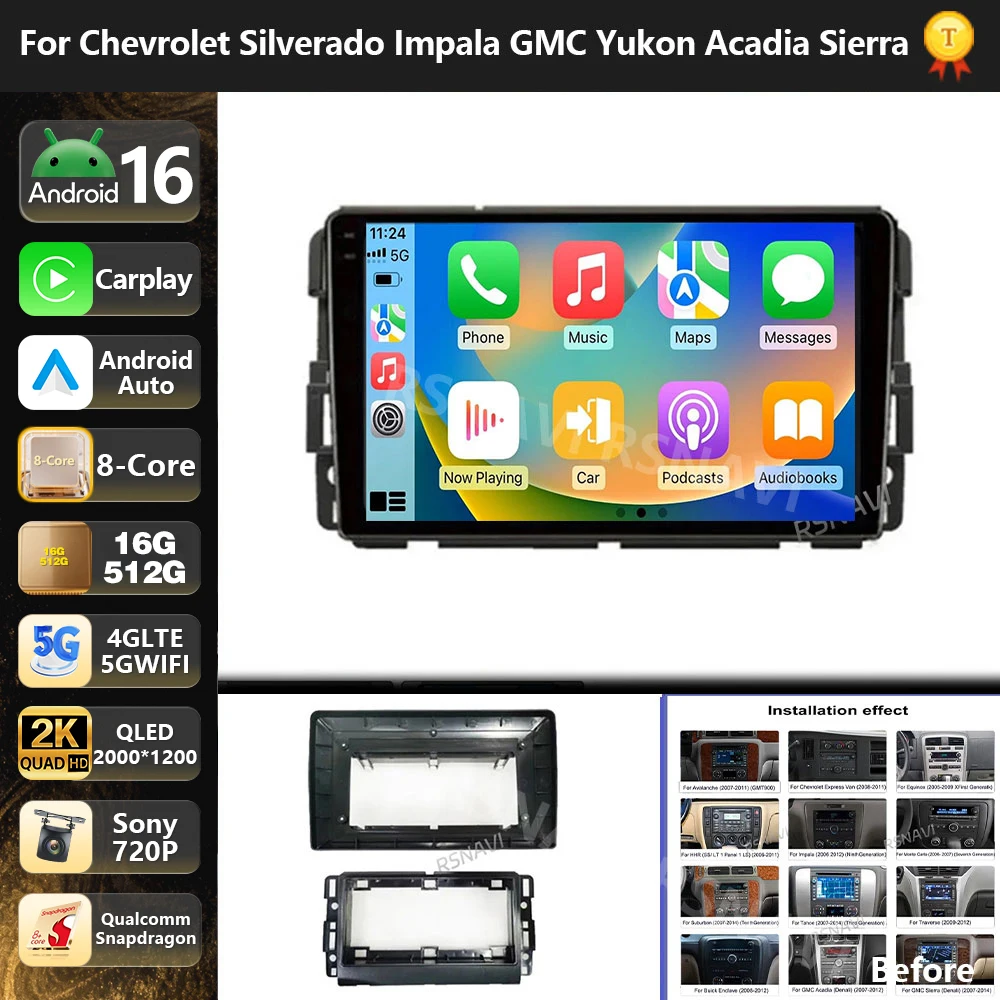Radio Multimedia para Auto con Qualcomm Android 16 para Chevrolet Silverado, Impala, GMC Yukon, Acadia, Sierra, Carplay, Estéreo para Auto, 4G WiFi