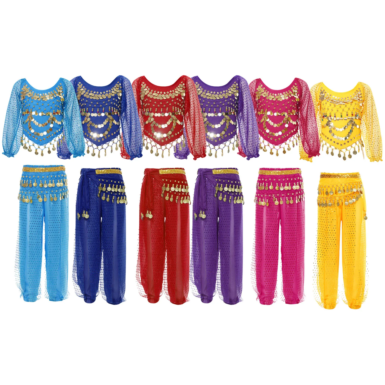 Bambini ragazze Costume di danza del ventre 2 pezzi paillettes manica lunga Crop Top pantaloni con nappe catena in vita sciarpa all'anca vestito di danza del ventre