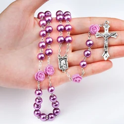 Catholic Purple Glass Beads Rosary Necklace For Women INRI Cross Crucifix Pendant Rose Chain Fashion Religion Jewelry