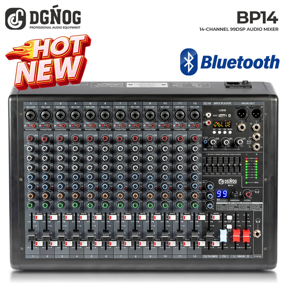 

DGNOG BP14 14 Channel Professional Audio Mixer Studio Audio Console USB MP3 Input 48v Phantom Power DJ Console for Performance