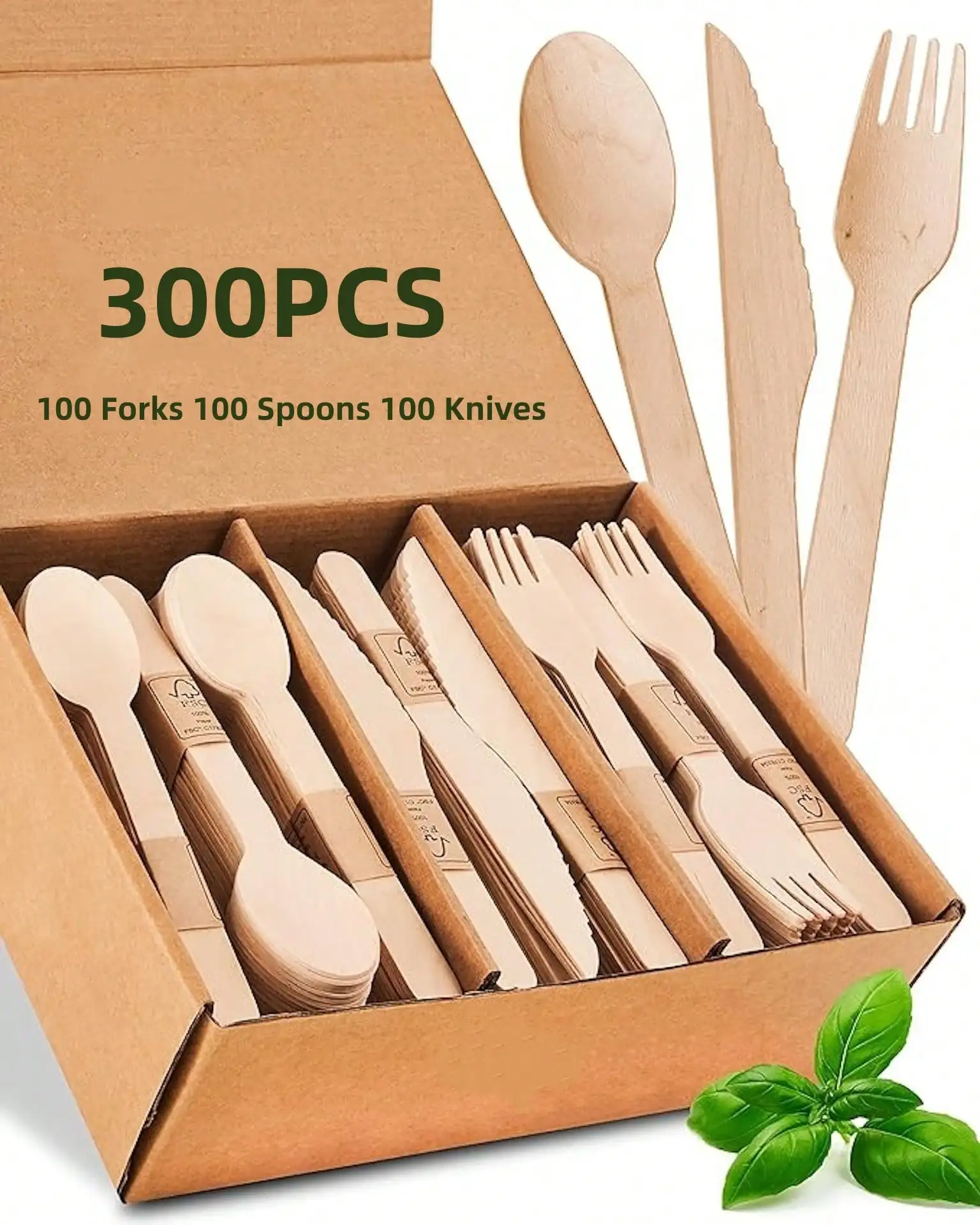 

Набор столовых приборов из березового дерева – включает 100 вилок, 100 ложек и 100 ножей (всего 300 предметов). Изготовлено из 100% натуральных, компостируемых материалов.