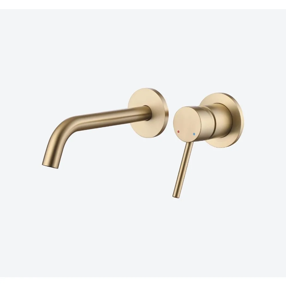 

Brushed Gold Wall-Mount Bathroom Faucet, Single-Handle Curved Spout Vanity Tap with Rough-in Valve for Basin