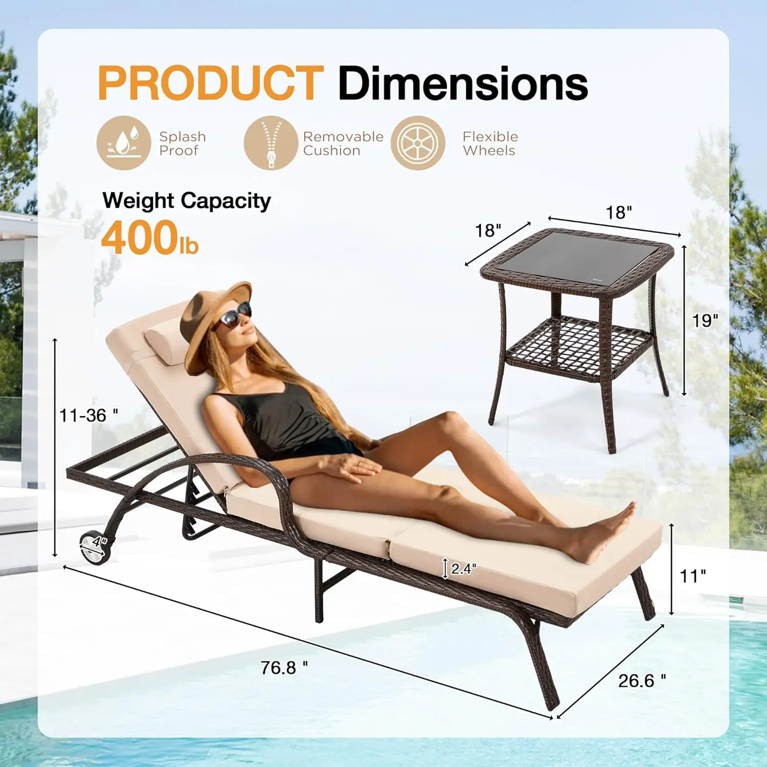 Wicker Chaise Lounge Set of 2, Pool Lounge Chair with Side Table, Outdoor Reclining Lounger Chair with Wheels 5-Level Adjustable