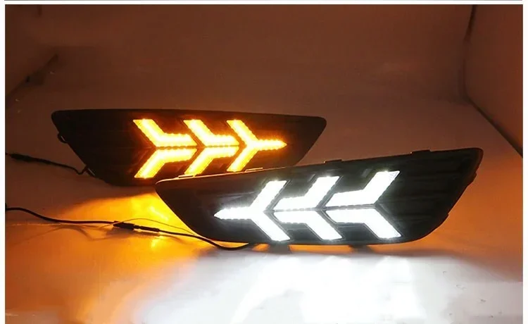 

eOsuns led drl daytime running light for Ford Focus 2015-2018 with moving yellow turn signals and blue night running light