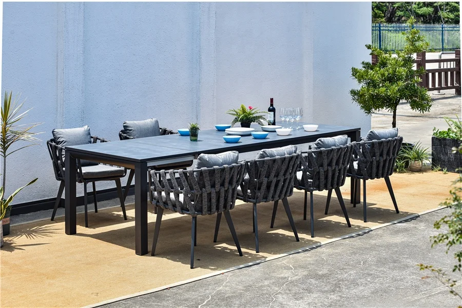 modern aluminum outdoor furniture garden set extendable dining table set China rock grey  table top rope wedding rattan chairs