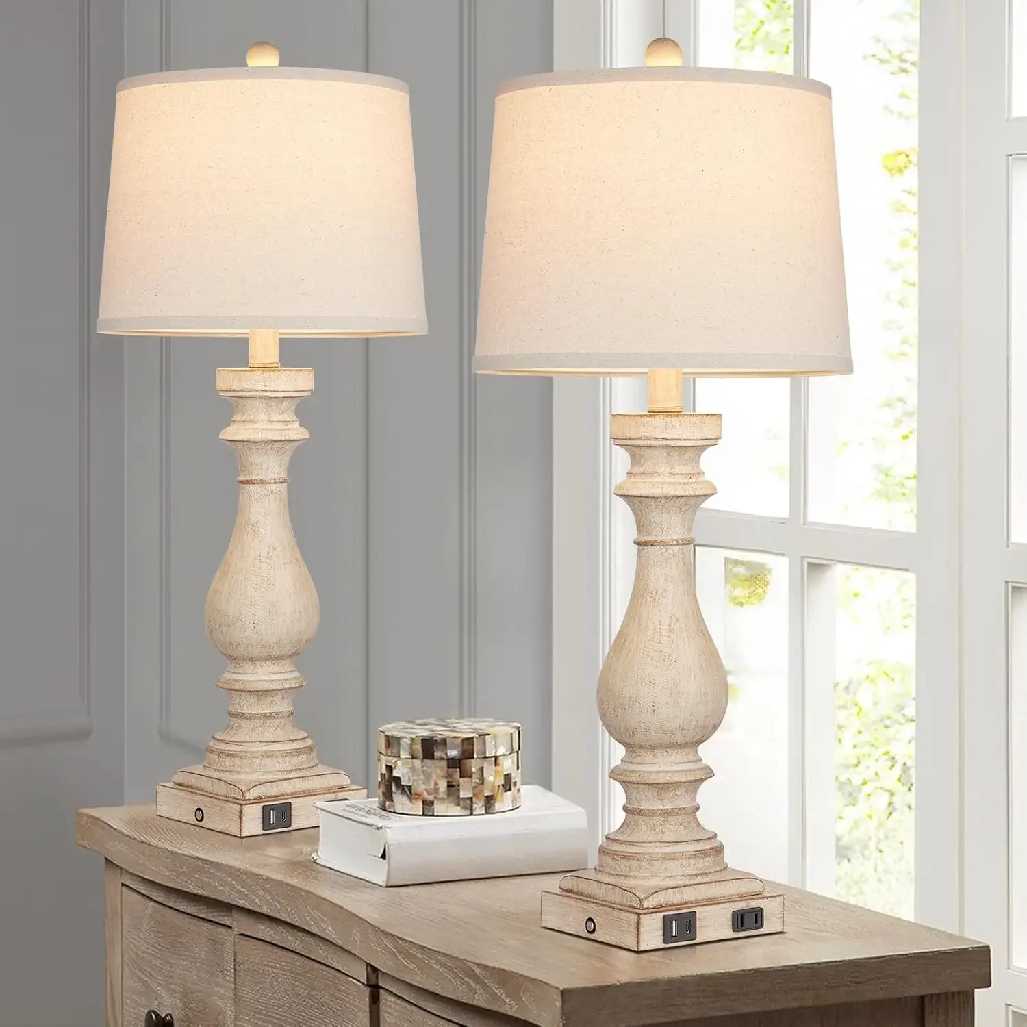 29" Tall Table Lamps Set of 2 with USB-C & AC Outlet, 3-Way Dimmable Touch Control, Farmhouse Nightstand Lamps for Living Room Bedroom view 3