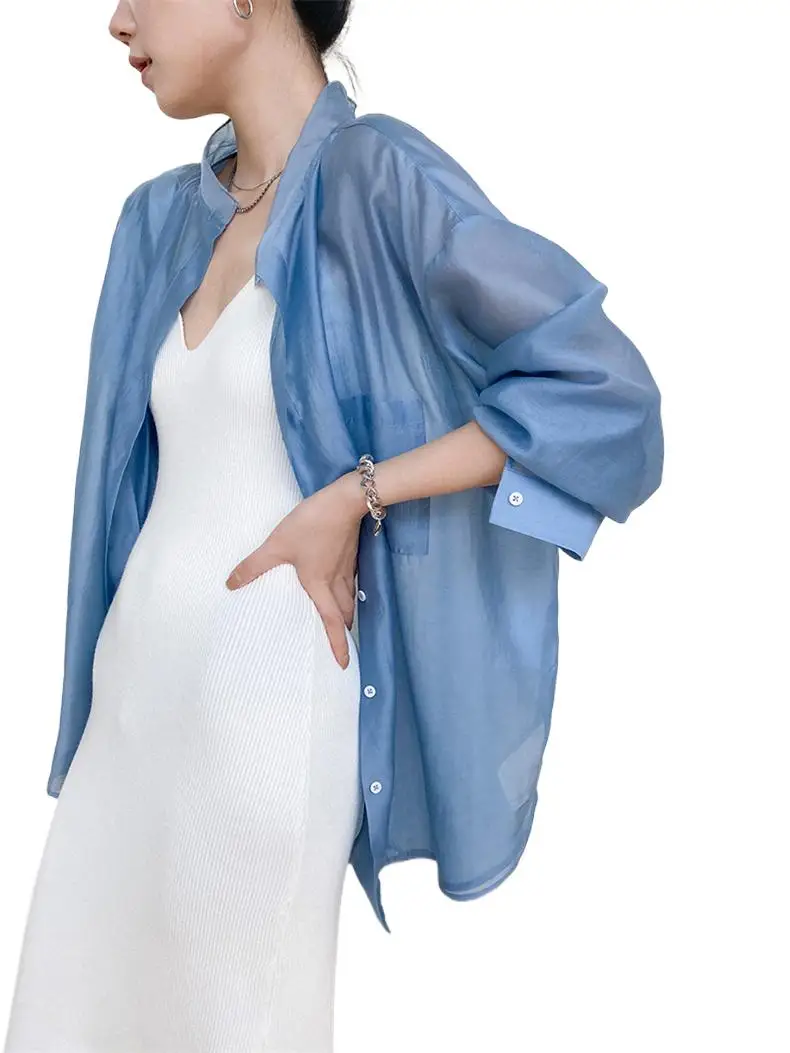 

Модные корейские повседневные рубашки оверсайз из искусственного шелка, весна/лето, легкое и удобное солнцезащитное пальто, белые розовые топы