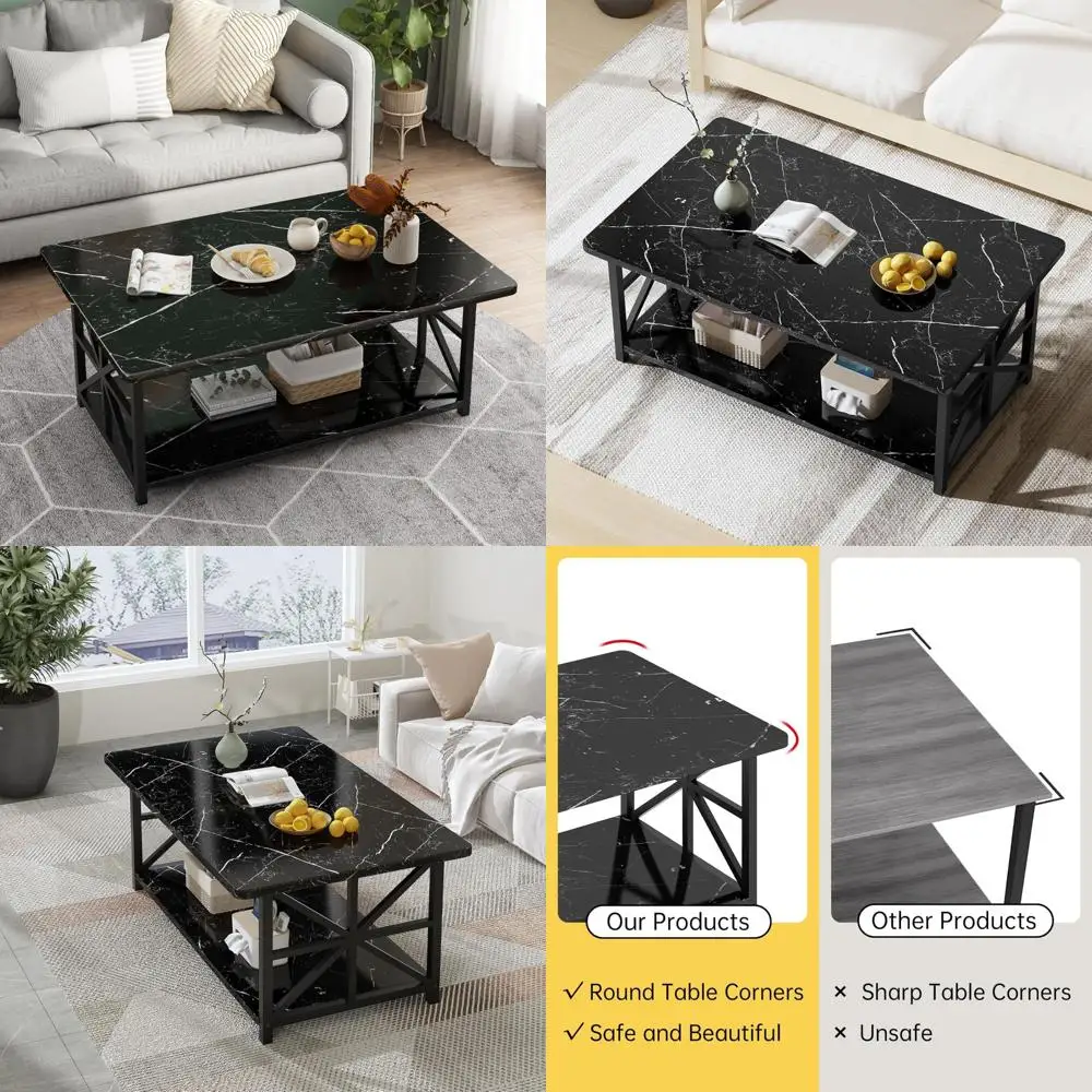 

Modern Rectangular Faux Marble Coffee Table with Storage for Living Room, 2-Tier Center Table Sturdy and Stylish