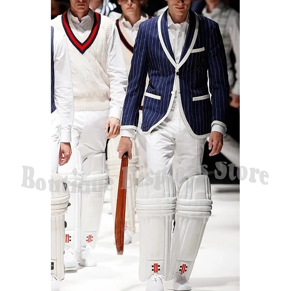 

Navy Blue Striped Men's Suit Jacket With White Pants British Style Shawl Lapel Slim Fit Elegant Casual Wear Male Outfits