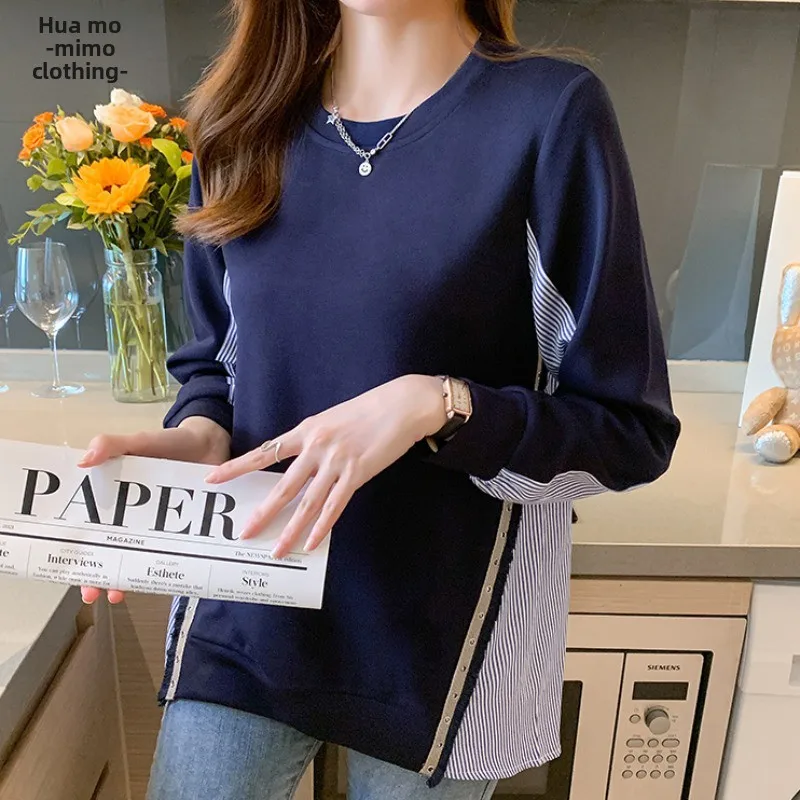 

Полосатый лоскутный свитшот с длинными рукавами, женский, весенне-осенний, свободный, стройнящий, с круглым вырезом, пуловер в корейском стиле, топ