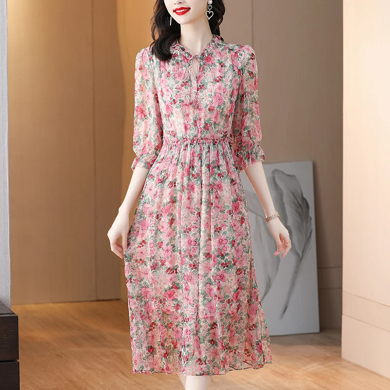 2023 Spring/Summer New High end Silk Flower Print Dress Women's V-neck Mid length Waist Wrapped Silkworm Print A-line Dress