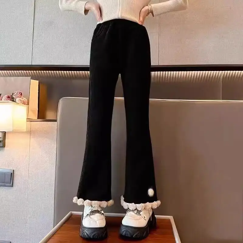 

Kawaii повседневные длинные брюки, модная детская одежда, расклешенные брюки для девочек, новинка 2025 года, утепленные теплые детские брюки-клеш, осень