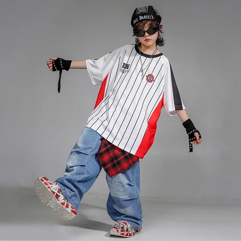 Hip Hop Ragazzi Sciolto StripeTshirt Streetwear Jeans da ballo Pantaloni Ragazze Cool Street Outfit Bambino Jazz Set di vestiti Bambini K-pop Costume