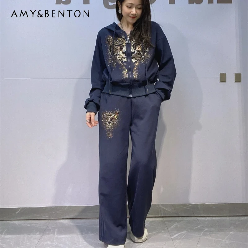 여성용 패션 후드 지퍼 스웨트셔츠 세트, 쿨 후디, 스트레이트 레그 팬츠, 헤비 인더스트리 라인스톤 디자인 스포츠 세트