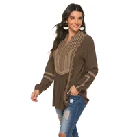 Folk Vintage Ethnic Embroidery Tunic Blouse Top Brown Long Sleeve Women  V Neck Loose Boho Retro Rayon Ladies 23xl Casual Shirt - Image 3