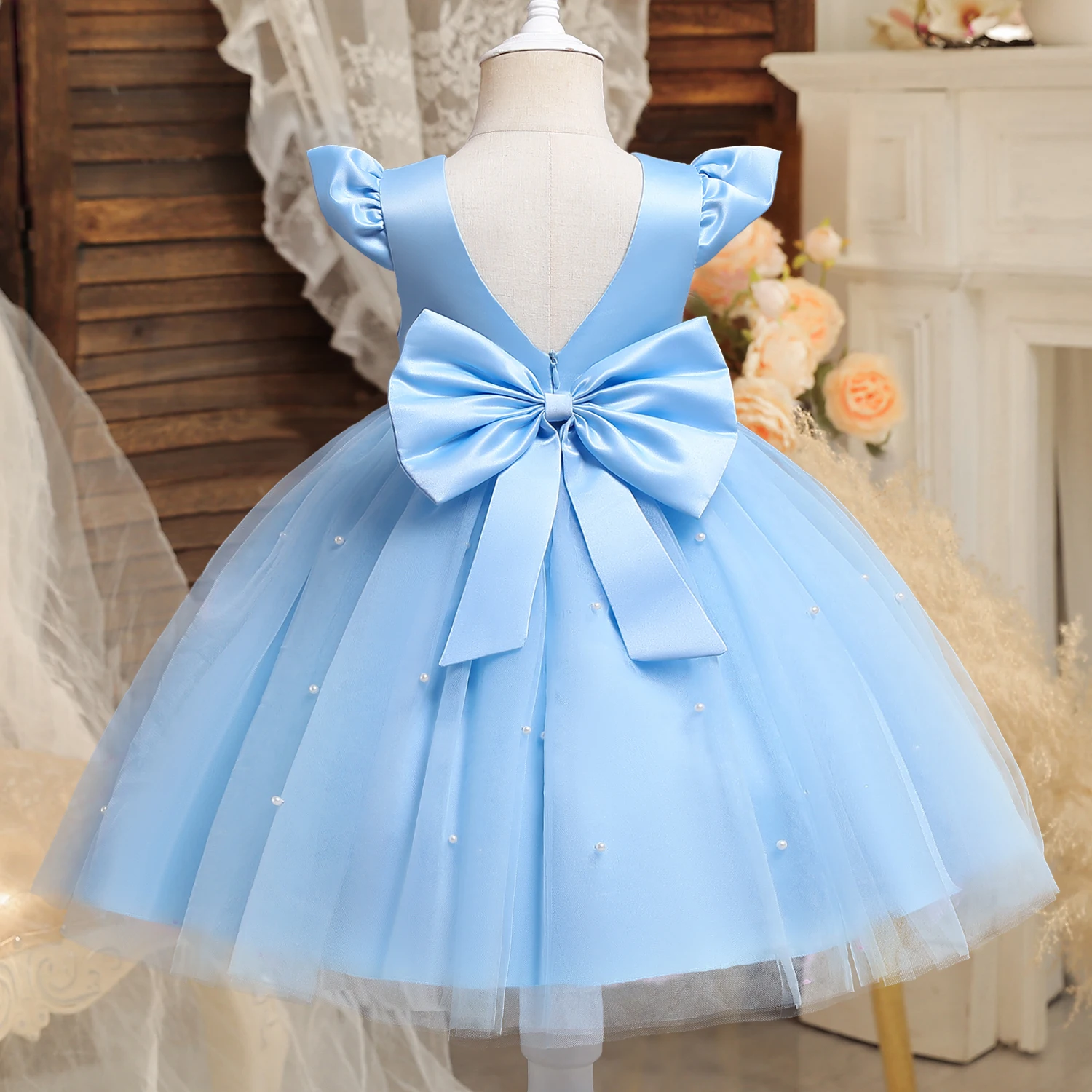 Elegant Girl Dresses Beading Princess Dress Baby Girl Birthday Party Flying Sleeve Prom Gown Baptism Party Dress Toddler Clothes