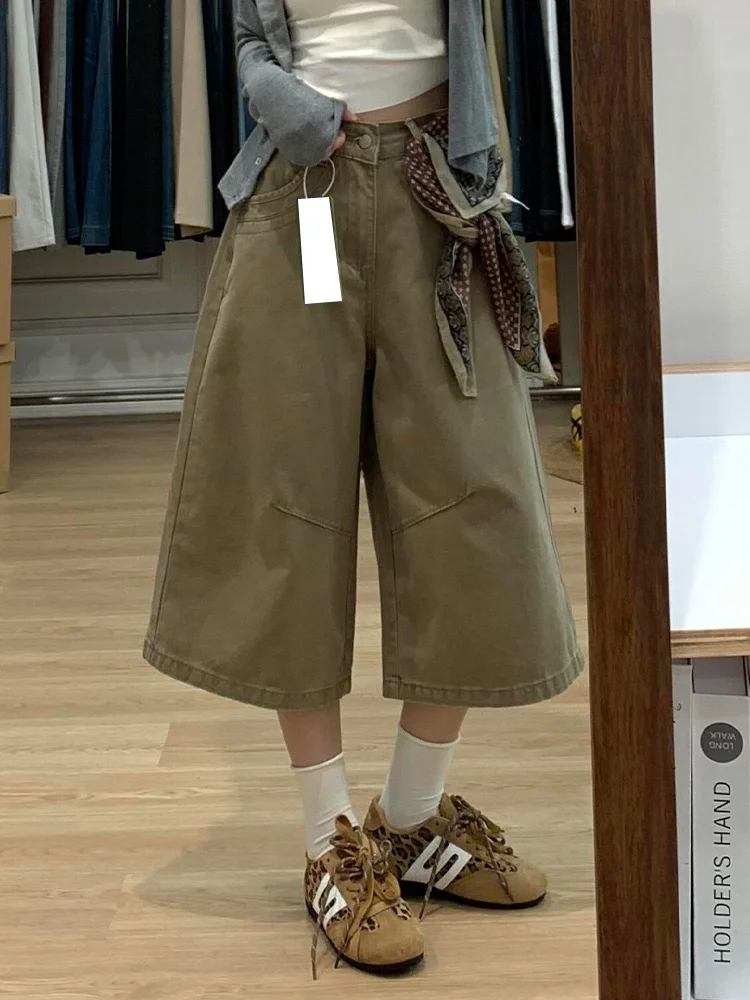 

Loose High-Waisted American Street Style Women's Jeans Khaki Color Spicy Girl Design Summer New Style Seven-Foot Pants
