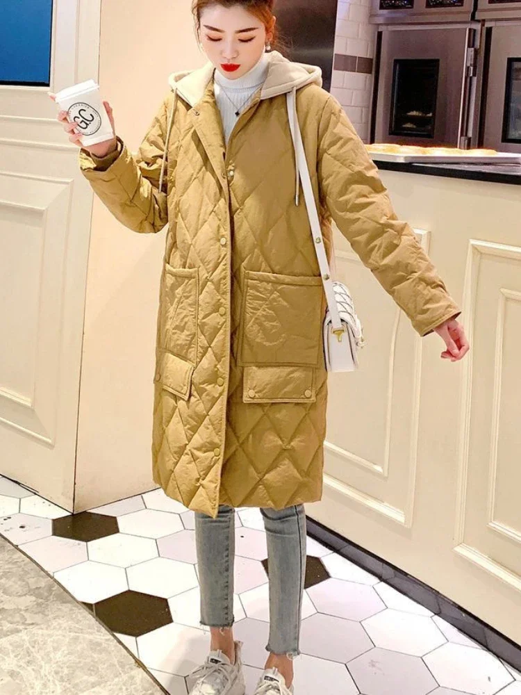 Jackets for Women 2023 Midi Length Winter Quilted Coat Hooded Patchwork Straight Cotton-padded Clothes Elegance Korean Fashion