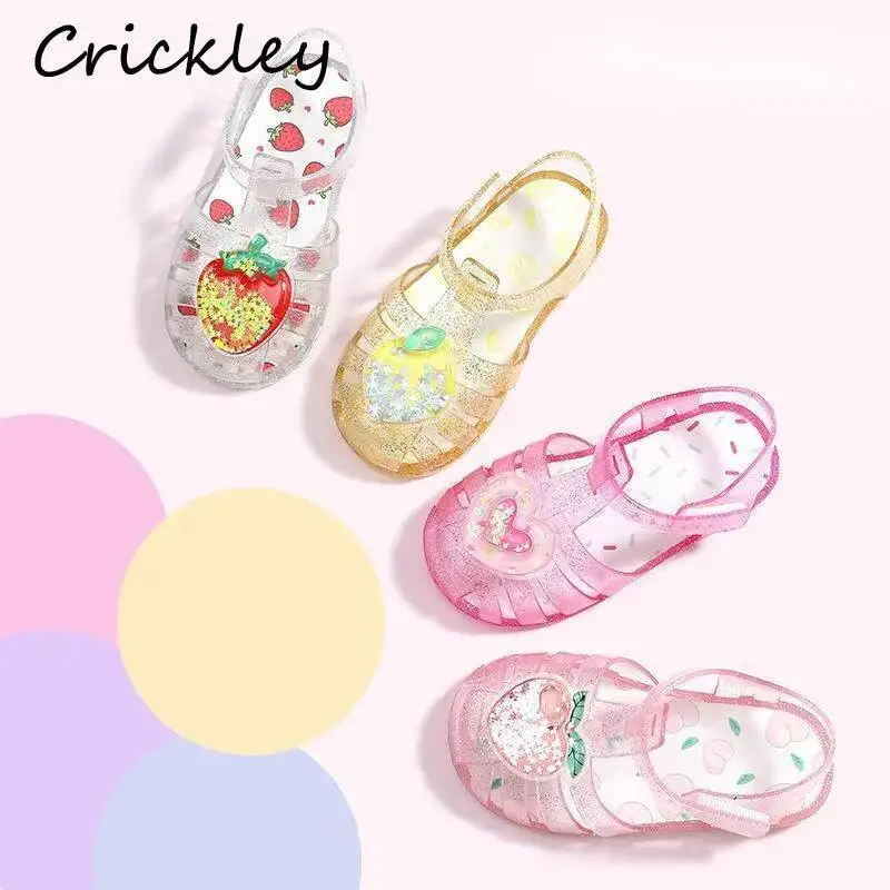 Heart Strawberry Girls Jelly Shoes Sandals Summer PVC Hook Loop Kids Sandals Princess Waterproof Non Slip Children Beach Sandals