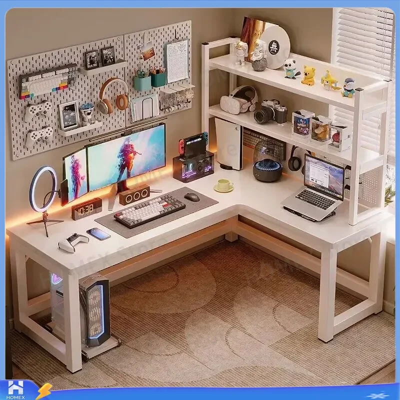 Cream Corner Computer Desk with Bookshelf Integrated Study Table for Home Office Student Writing Desk Space Saving