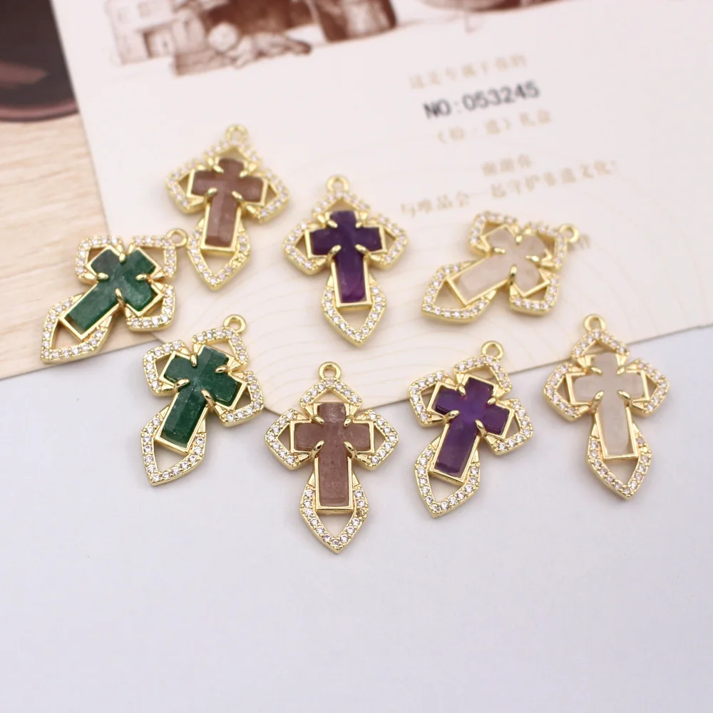 

6pcs DIY Jewelry Accessories Natural Green White Rose Quartz CZ Zirconia Cross Shape Stone Pendant Charms for Earrings Necklace