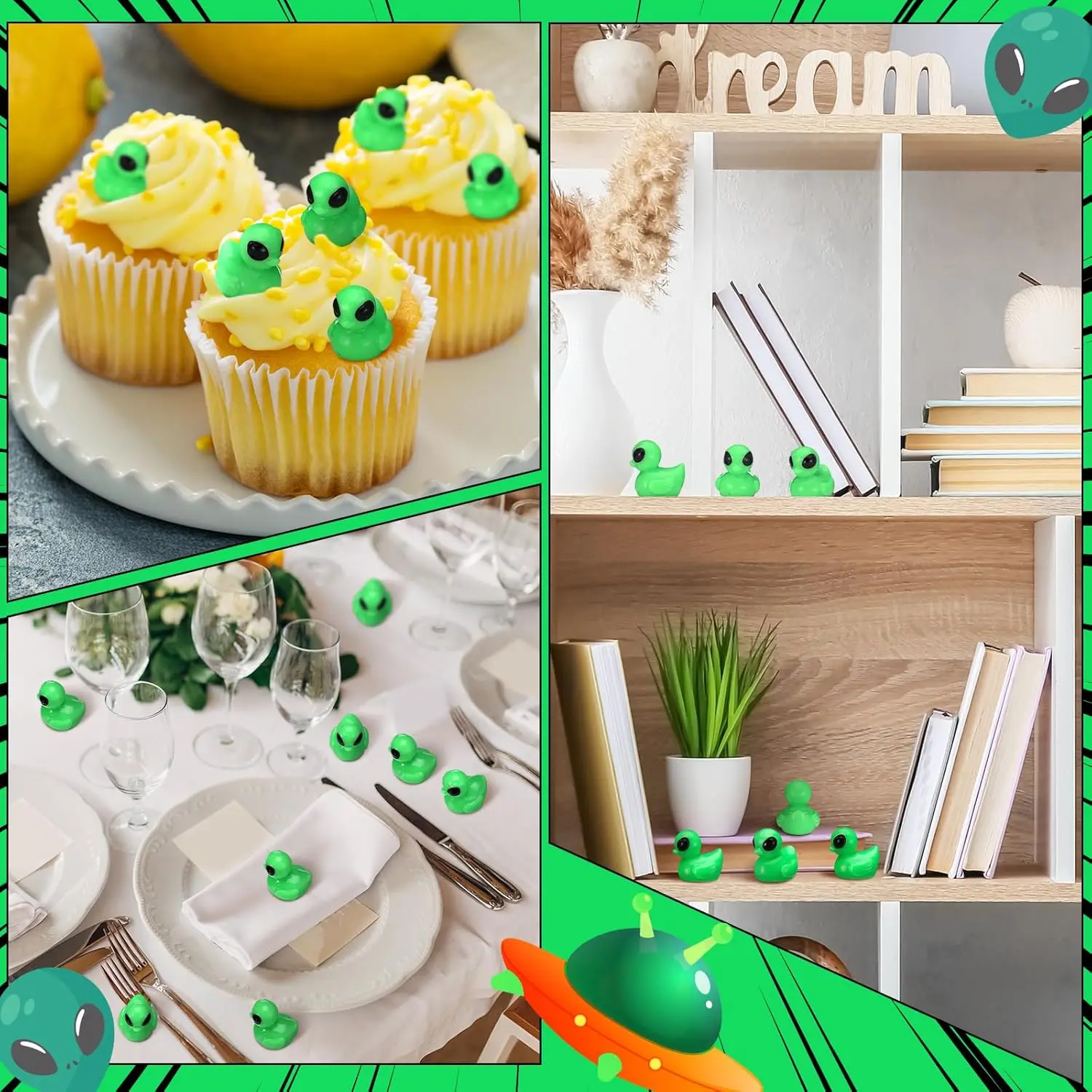 50 Pcs Green Alien Duck Figurine Halloween Mini Funny UFO Sci-fi Resin Duck for Party Favors Dashboard Desk Cute Alien Decor