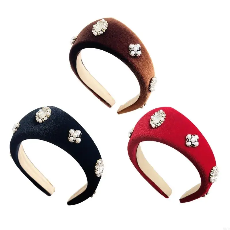 

M6CD Plush Headbands In Black With Pearls Hair Accesories For Women's Holiday Wear