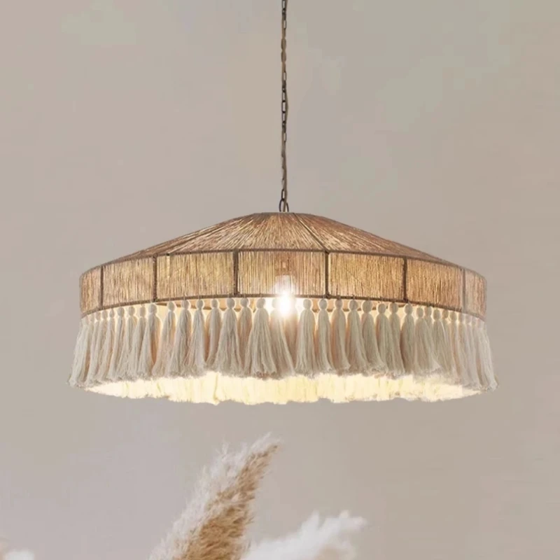 Bohemian vintage hemp rope tassel chandelier creative bedroom main light restaurant light surprising wind lighting fixtures