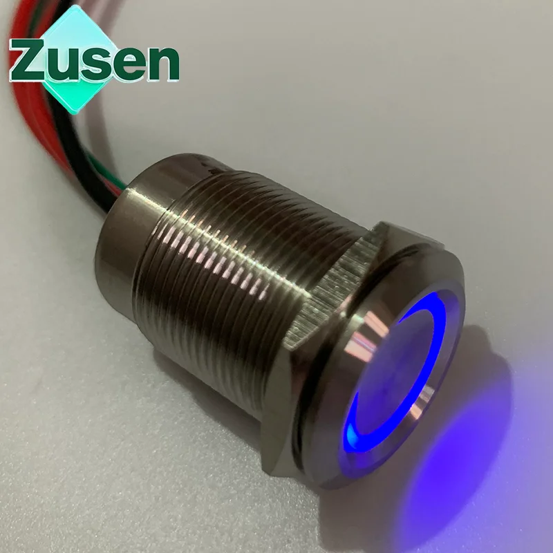 Zusen 19mm Touch Switch with Wiring 6-24V Ring Led Light Momentary/Latching IP67 Waterproof