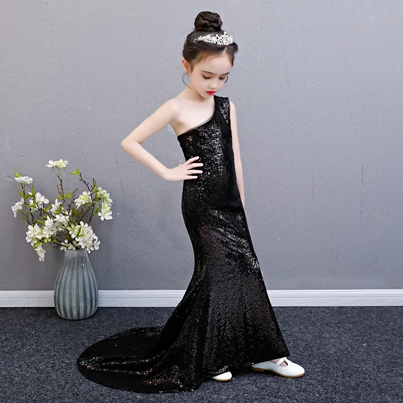 Black Sequined Mermaid Dress 2024 Summer Girl One-Shoulder Retro Aristocratic Graduation Dress Party Children's Boutique Dress