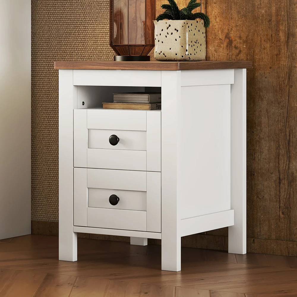 2-Drawer Farmhouse Wooden Nightstand with Well-proportioned Design and Sleek Lines, Wood Side Table with Storage Cabinet