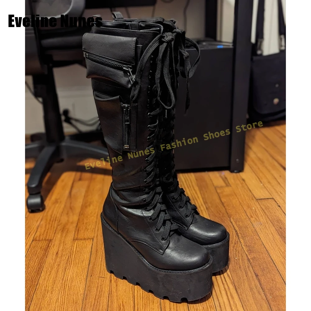 Black Wedge Pocket Decoration Motorcycle Boots Round Toe Lace Up Zipper Close Women Patchwork Knee High Boots 2025 Street Style