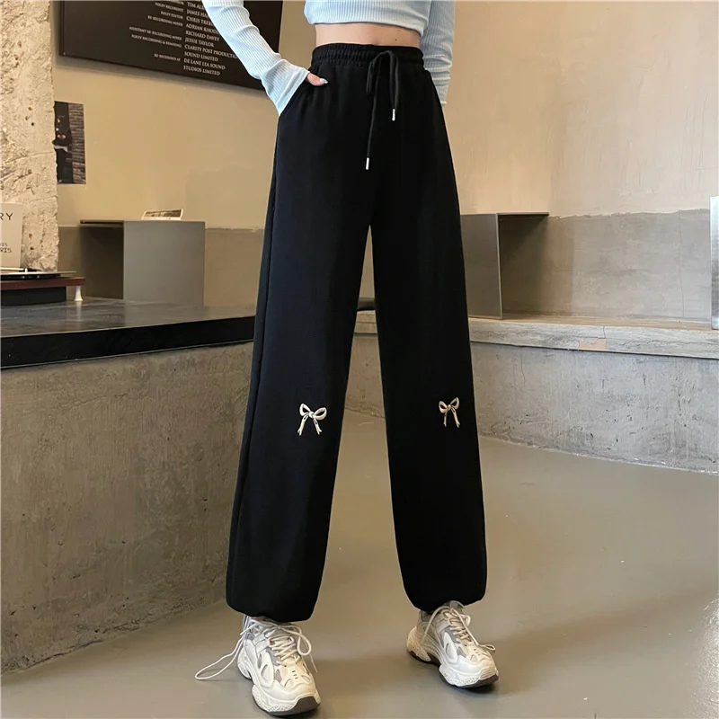 2024 Bowknot Embroidered Sweat Thin Pants Spring Autumn Fashionable High Waist Wide Leg Strap Straight Leg Casual Pants Hot Sale