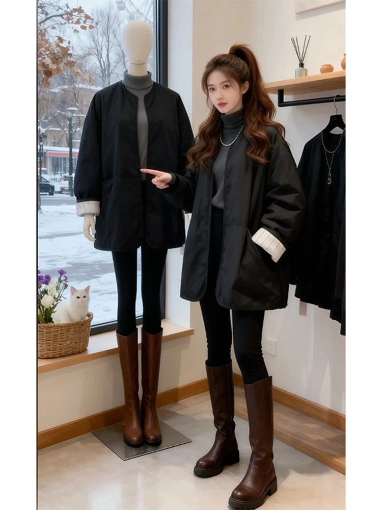 

Korean Sle round Ne Single Button Thi Jaet Women's Winter New Faion Loose Cotton Outerwear Coat Sli And Versatile