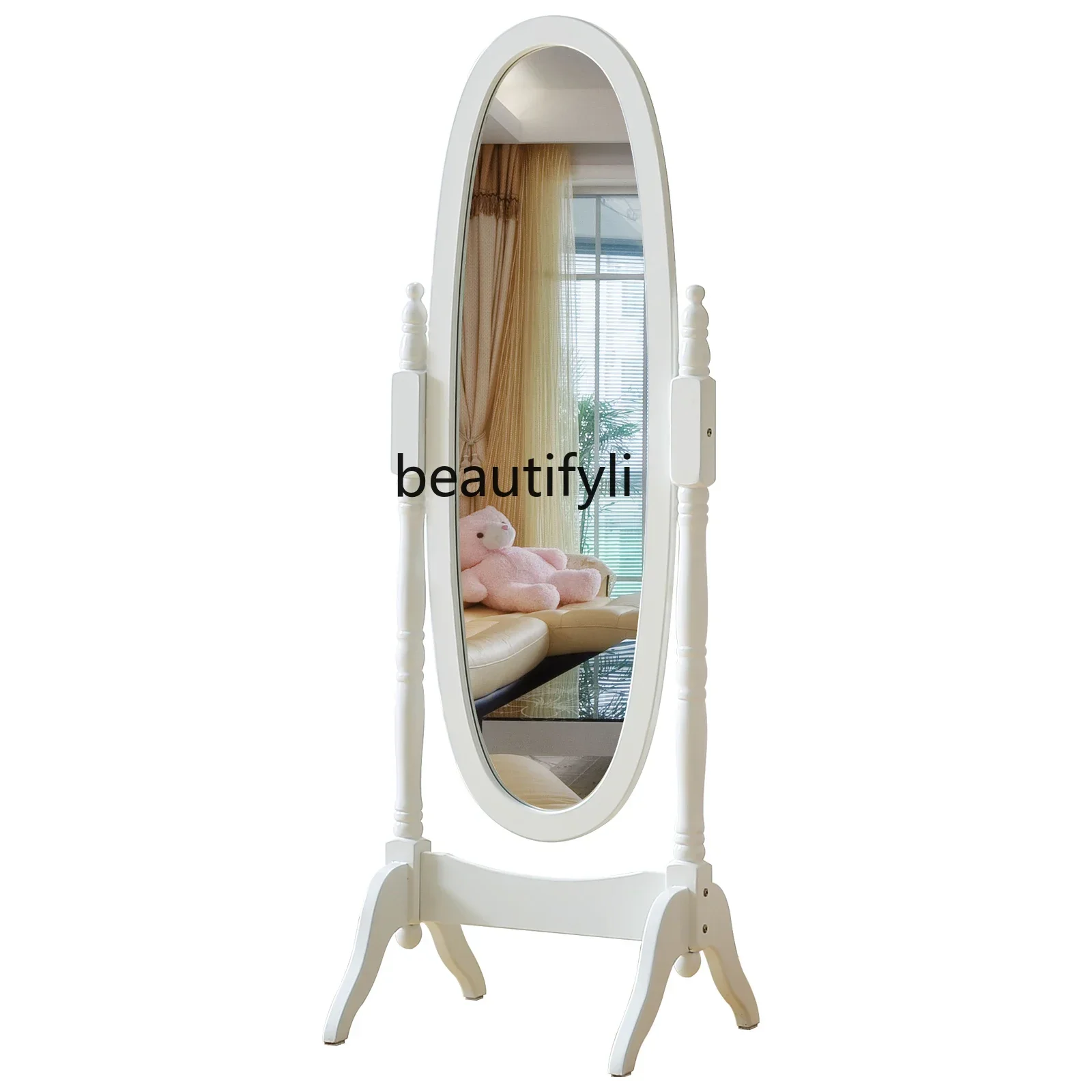 

European pastoral bedroom floor-to-ceiling white mobile oval dressing mirror clothing store rotating fitting mirrorHY