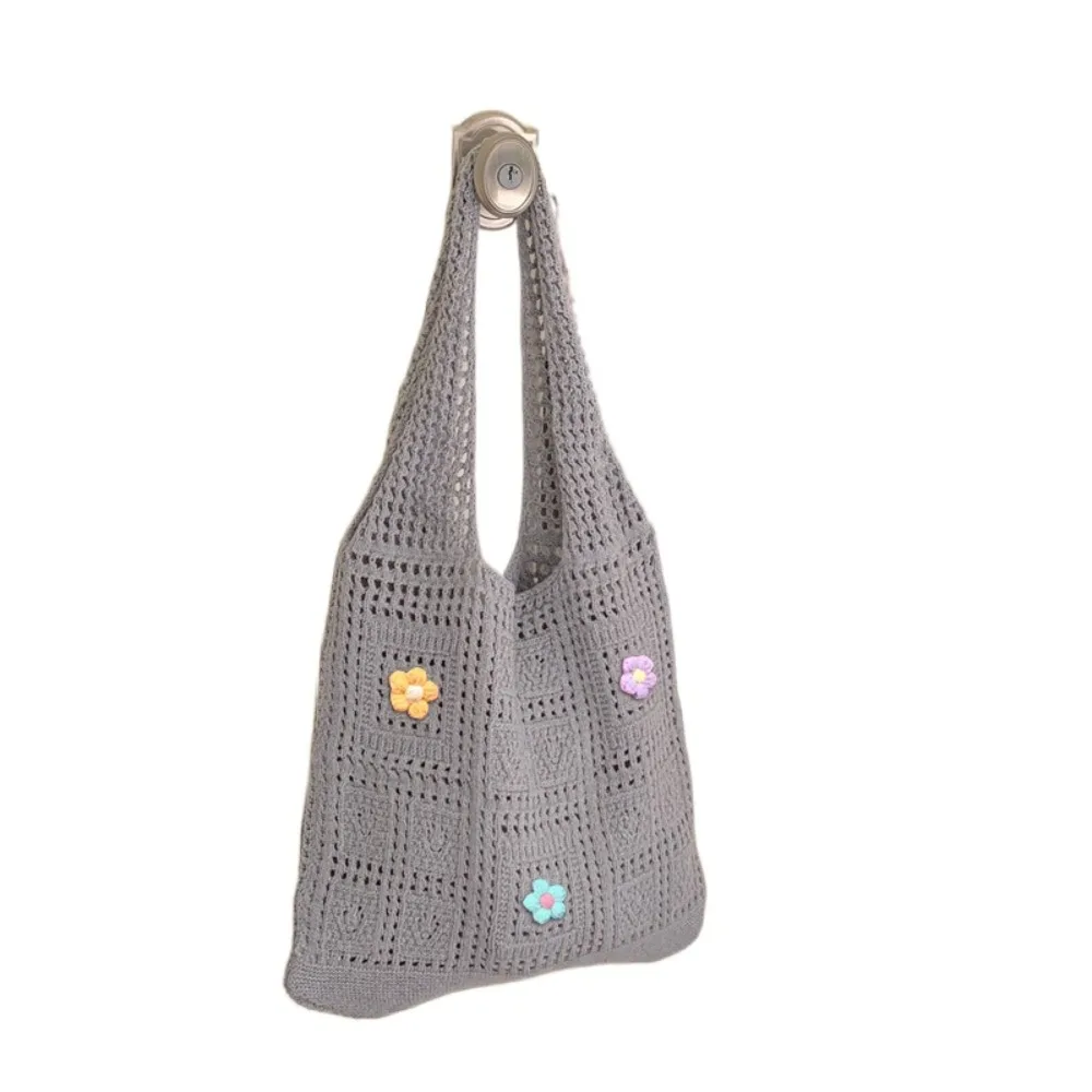 

Casual Hollow Knitted Tote Bag Large Capacity Flower Hollow Shoulder Bag Bohemian Style Breathable Woven Beach Bag Female