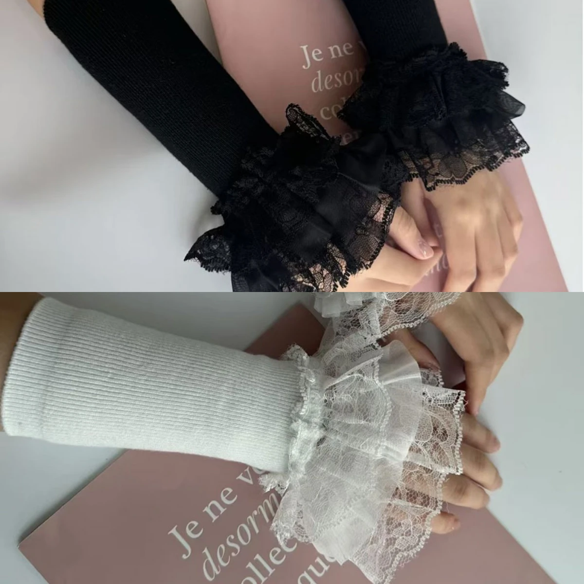 1 Pair Elastic Yarn Lace Arm Sleeves Women Warm Autumn Winter Long Gloves Knitted Patchwork Clothes Decoration Trendy Gloves