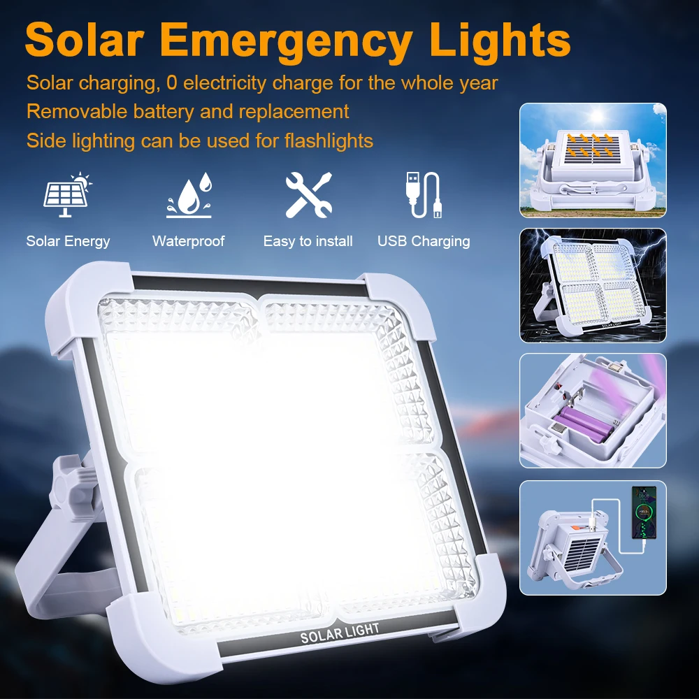 Rechargeable Solar Floodlight Outdoor 200W Portable LED Multifunctional Spotlight Ip66 Waterproof Emergency LED Street Lighting