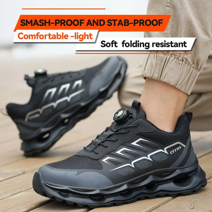 Rotating Button CE Certified Steel Toe Security Shoes Men, Kevlar-Midsole Non Slip Lightweight Breathable for Outdoor Workers