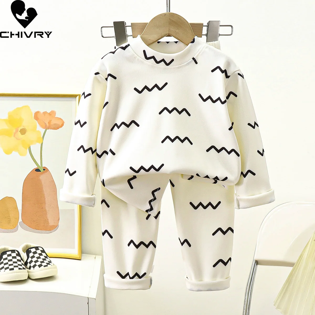 Kids Autumn Thicken Warm Pajamas Boys Girls Cute Cartoon Long Sleeve T-Shirt Tops + Pants Baby Sleepwear Underwear Clothing Sets