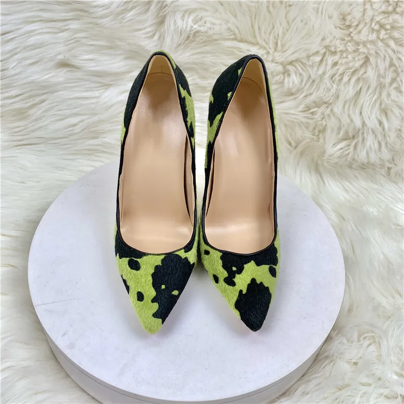 Tikicup Hairy Grafitti Pattern Women Green Pointy Toe High Heel Shoes Unique Design Sexy Slip On Stiletto Pumps Plus Size 33-46