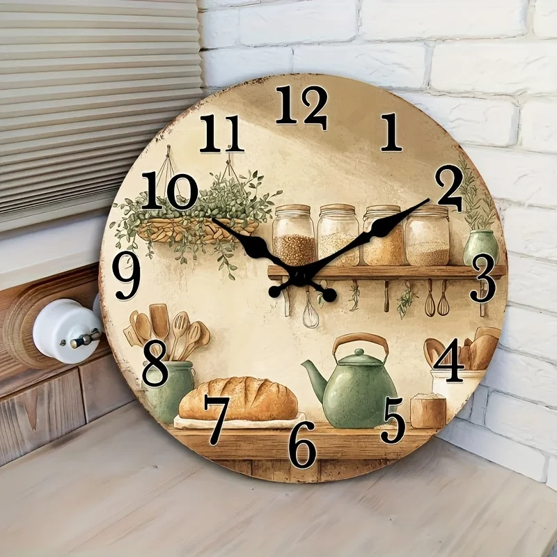 1pc of a Silent Wall Clock That Doesn'T Tick, Made of Wood, Featuring a Decorative Circular Design. It'S a Rustic Addition to Kitchen Decor with Jars And Utensils, Suitable for Dining Rooms, Hallways, Study Rooms, Home Offices, And Balconies